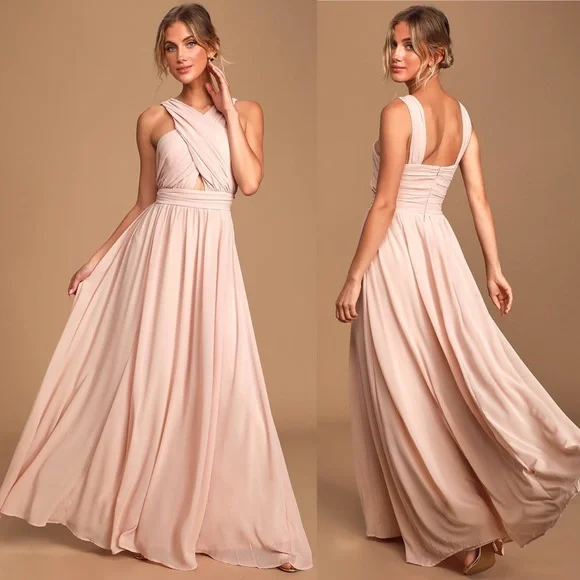 Lulus Divine Inspiration Dress Womens S Pink Blush Chiffon Halter Maxi Gown